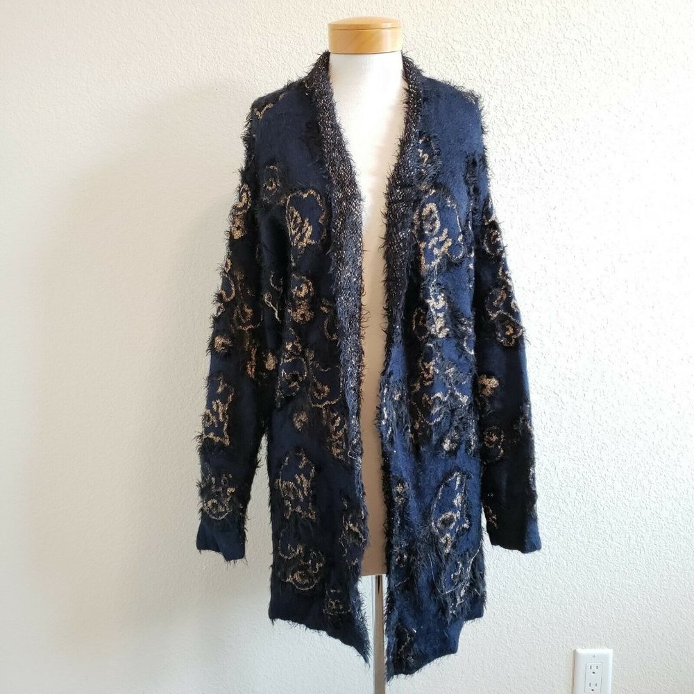 Lane Bryant Eyelash Rose Floral Open Cardigan Blue Metallic Gold Sweater 18/20